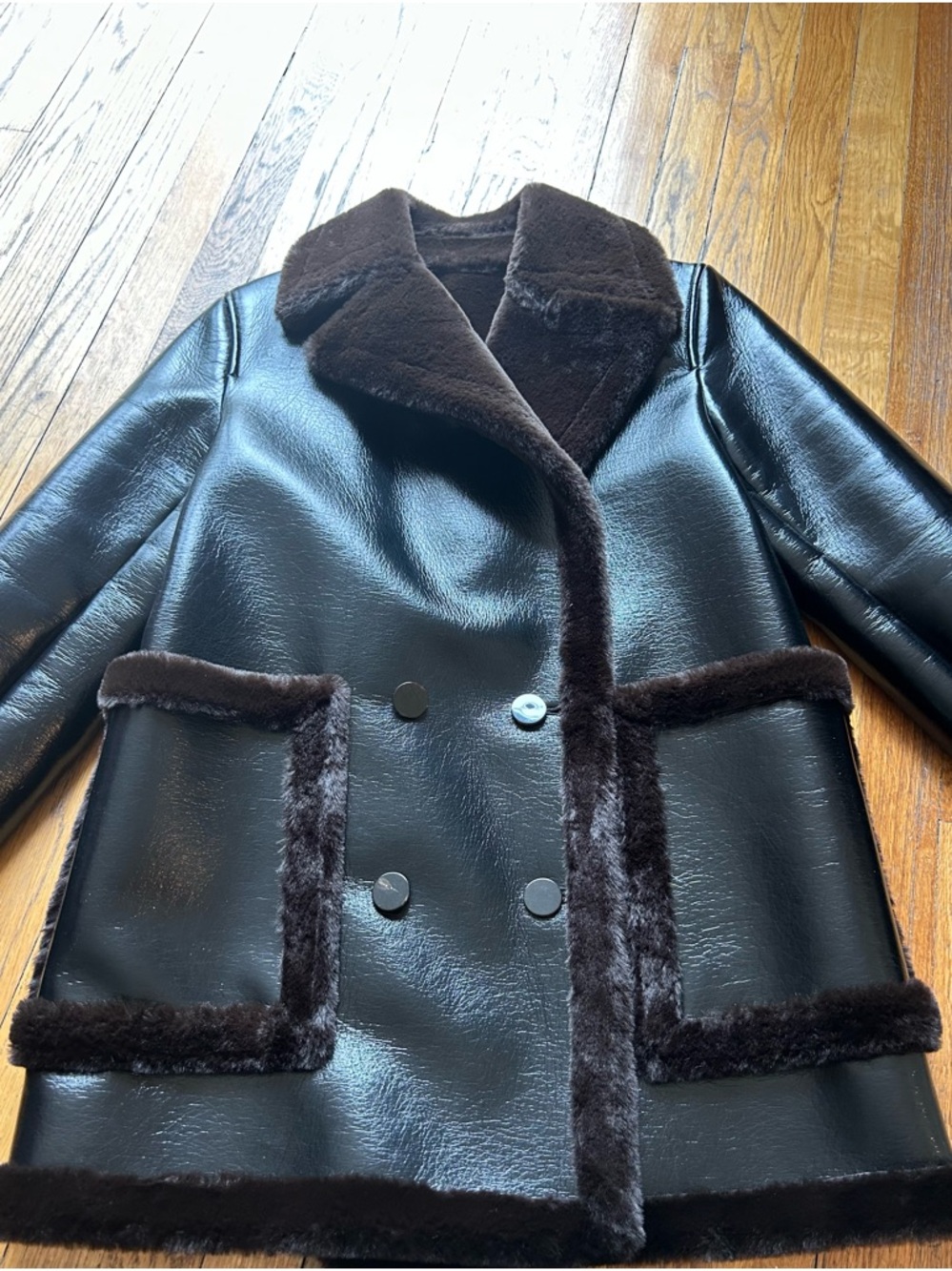 Vince Black Faux Leather Pea Coat with Dark Brown Shearling Trim